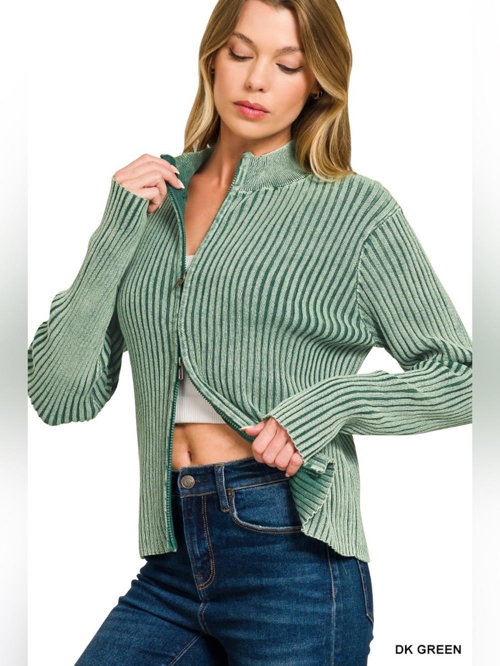 Zenana Dk Green Washed Zip Up Sweater - Picture 4 of 7